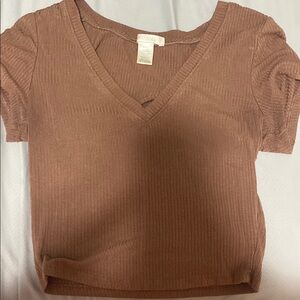Brown V-Neck Ribbed Top